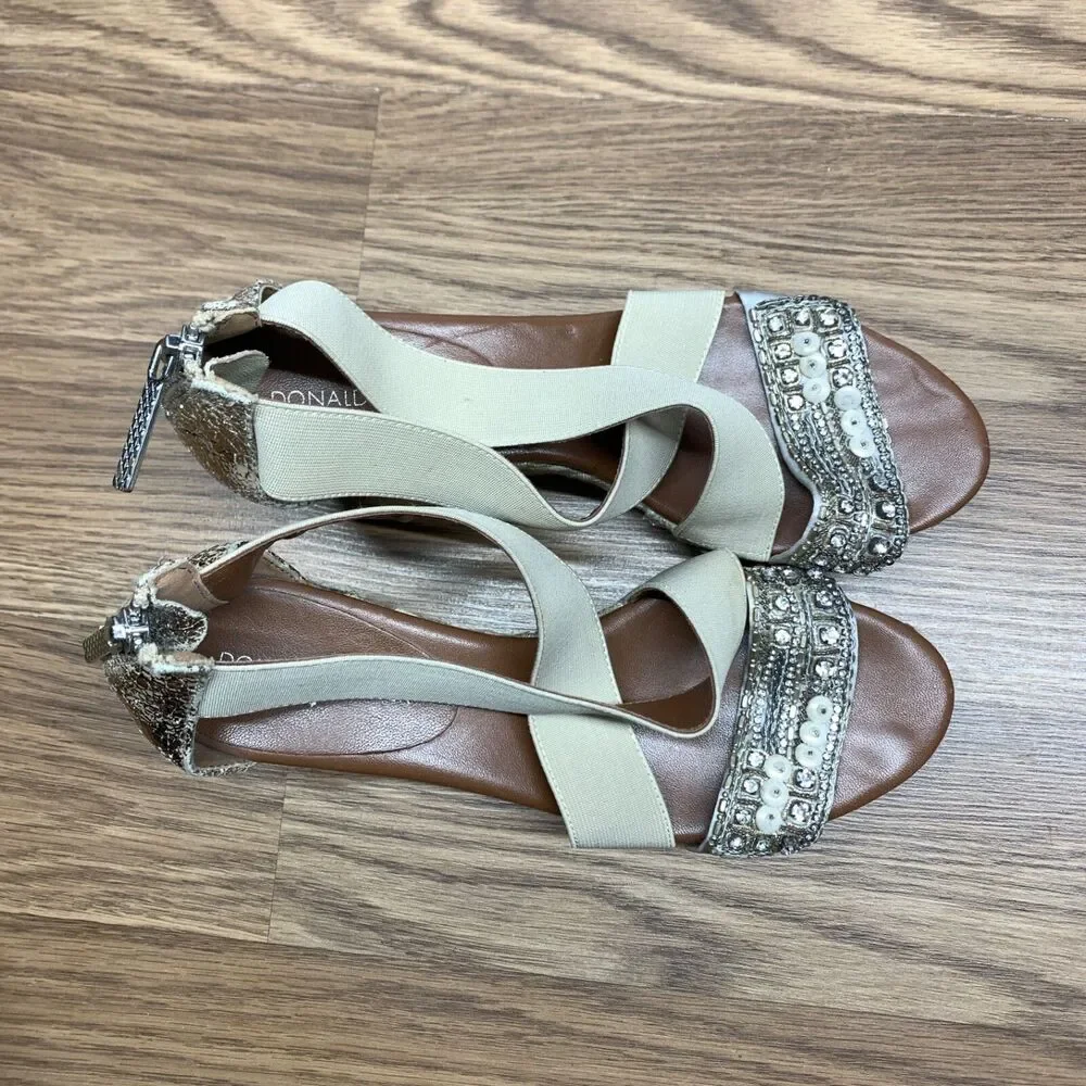 Donald Pliner Espadrille‎ Wedge Shoes 6.5 M Ankle Strap Sandals Beige Sequin